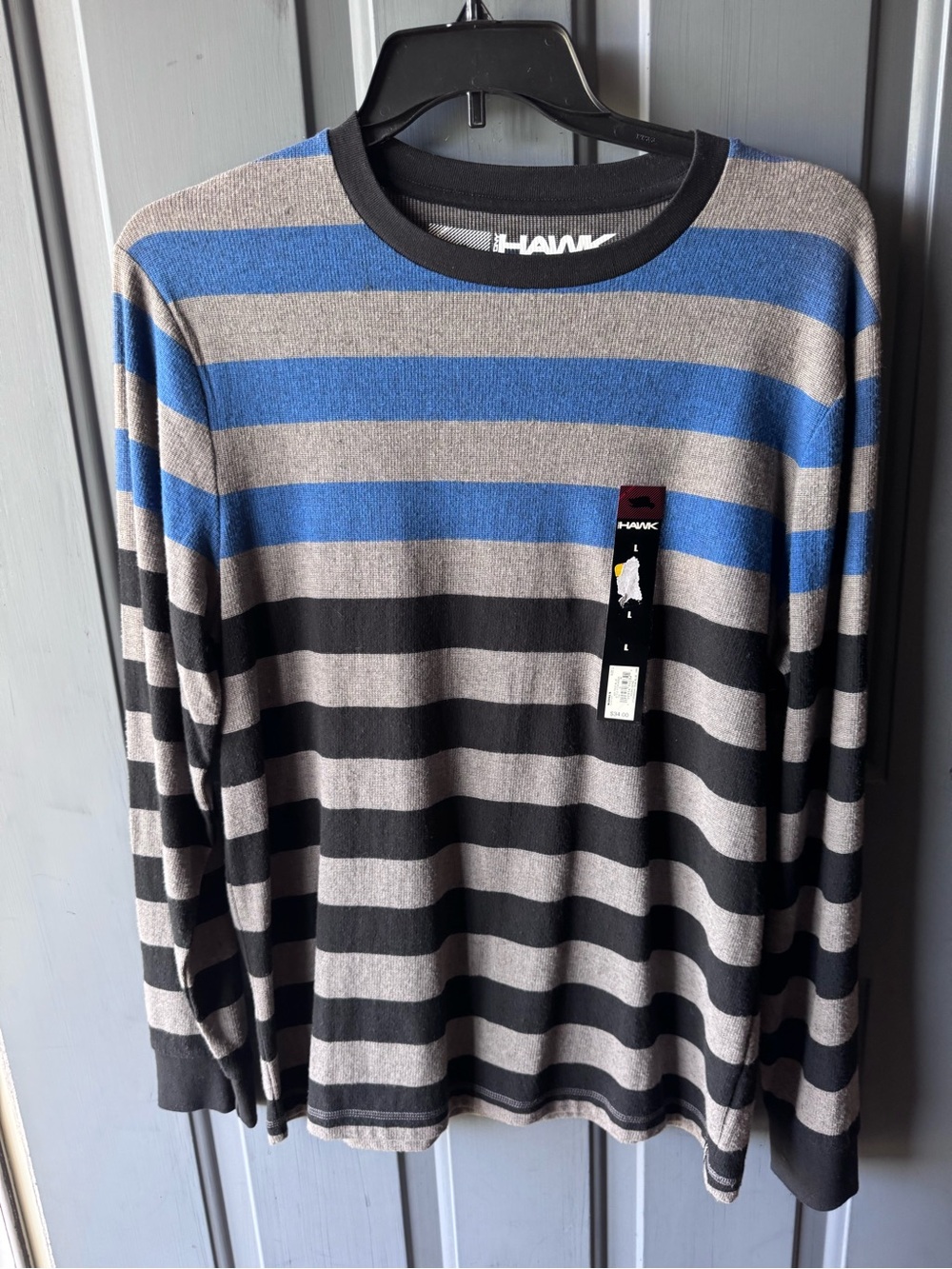 Tony Hawk Striped Long-Sleeve Crewneck in Blue, Gray & Black